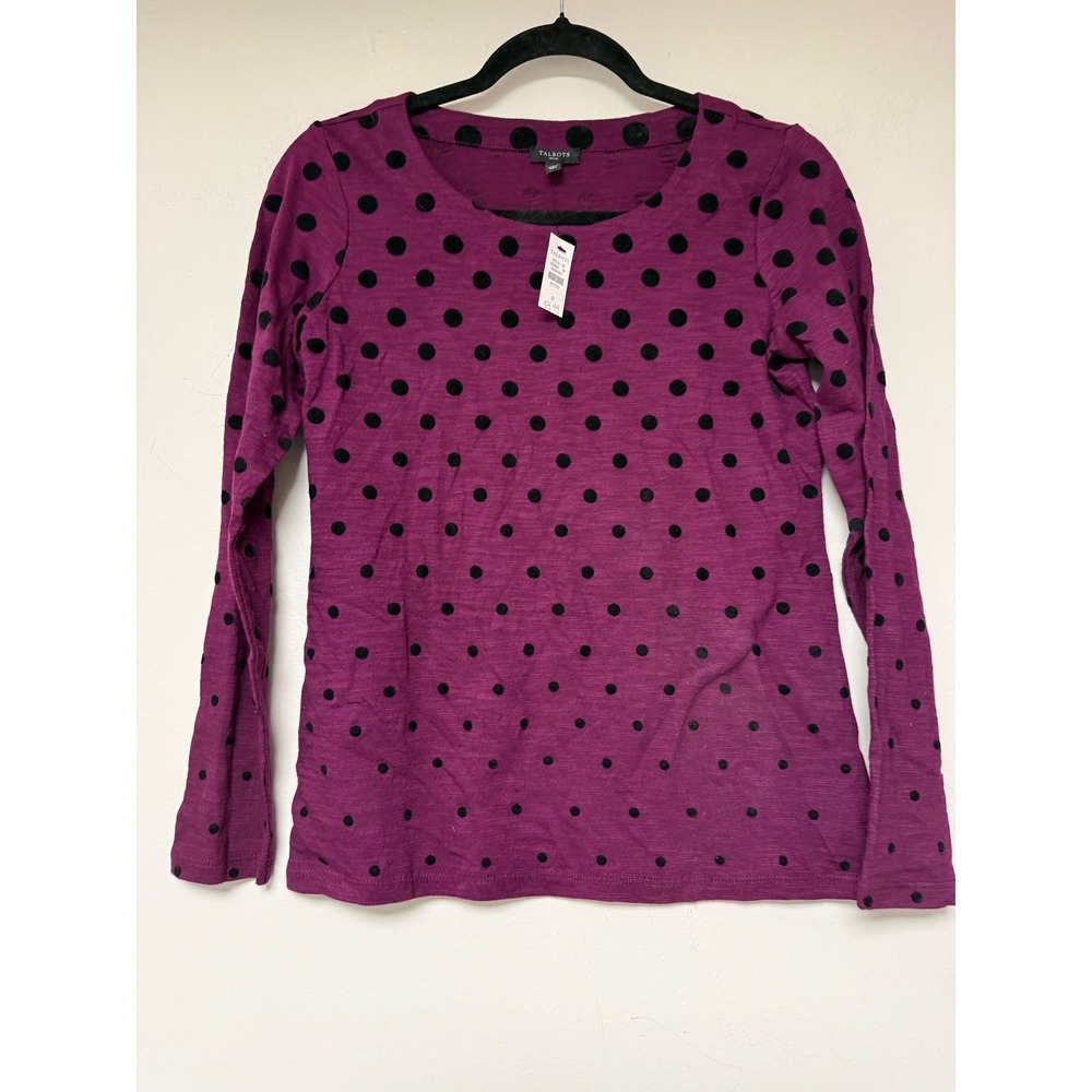 Talbots T-Shirt Women Petite P Purple New Polka Dot Long Sleeve Velvet Dot Tee